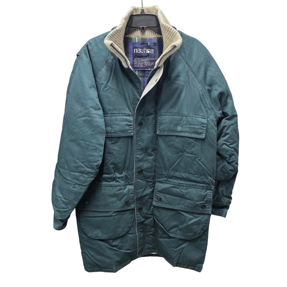 Vintage Nautica Mens Down Filled Parka Jacket Green Cotton Plaid Lined Medium